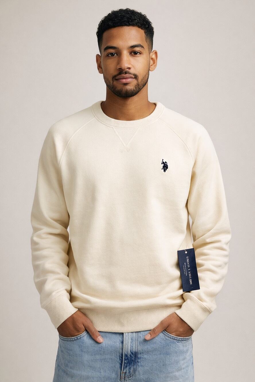 U.S. Polo Assn Mens Small Cream Crewneck Pullover Preppy Minimalist Neutral